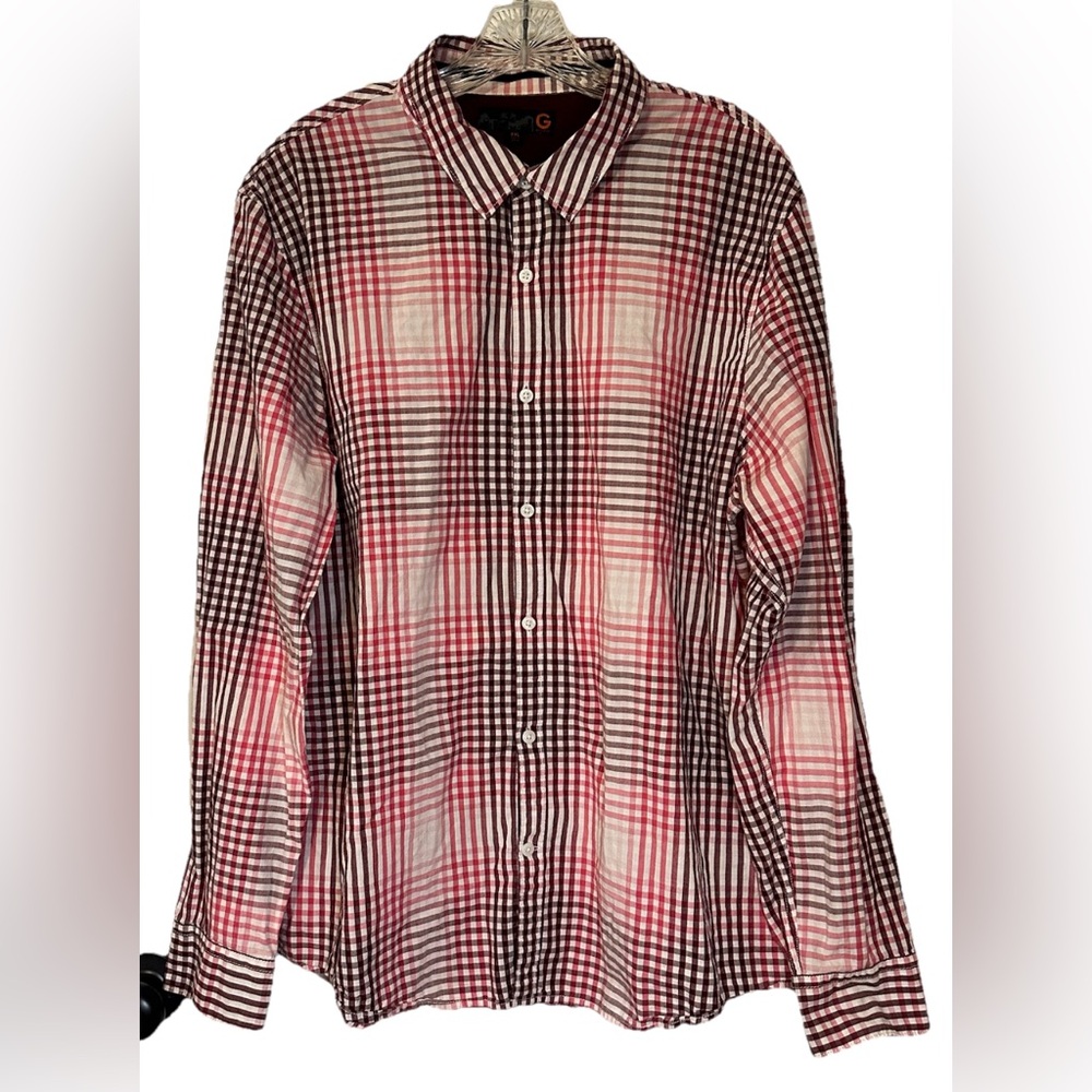 G By Guess‎ Unisex Red Pink Long Sleeve Pocket Front Plaid Button Up Shirt XXL